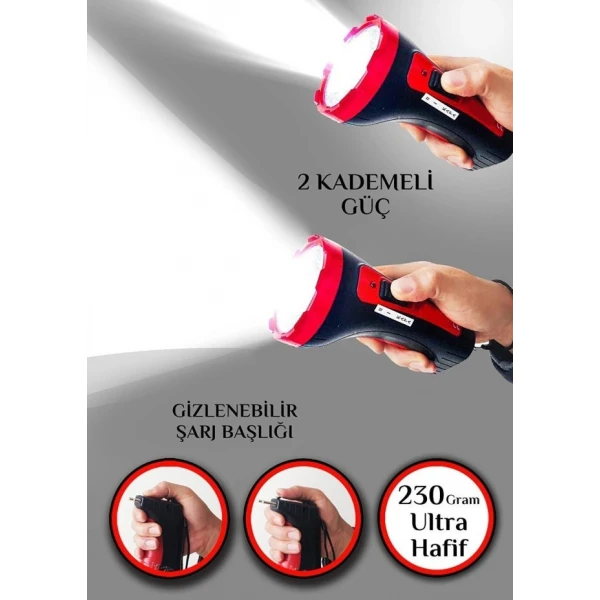 İtalyano Şarjlı 10w Projektör Led El Feneri 2 Mod Aydınlatmalı Uzun Menzil Işıldak Kambur Fener