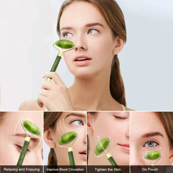 Egonex Yeşil doğal yeşim taşı yüz masaj aleti ve kalp gua sha yüz bakım taşı 2li set jade face roller