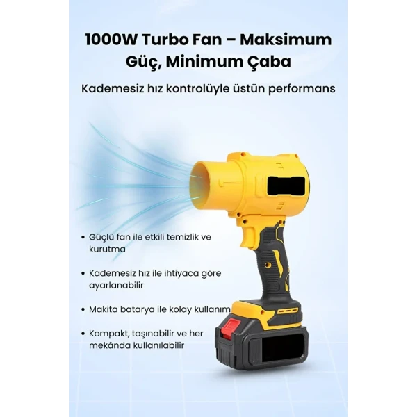 Gold Orion 21V Kablosuz Hava Üfleyici | 32.000RPM Turbo Fan, 12.000mAh Batarya, Bahçe & Araç Kurutma / Sarı