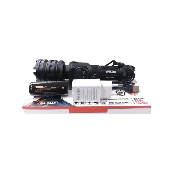 Wıson WS-6868 2500 lümen 25 wat 5000 mah Pil Şarj Edilebilir Uzun Menzilli El Feneri