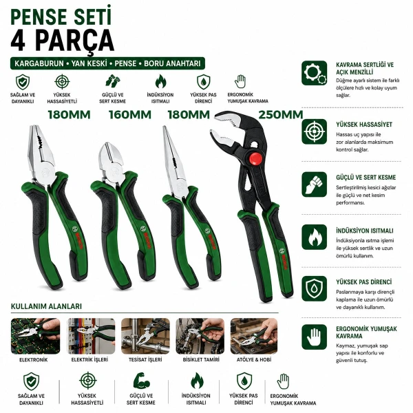 Egonex Bosch-1 600 A02 W7k ( 621 ) ( 4pcs ) Pense Seti ( 10 Papağan Pense & 7 Pense - 6 Yan Keski - 7 Kargaburnu ) ( 60 ± Kesme Sertlik )*6