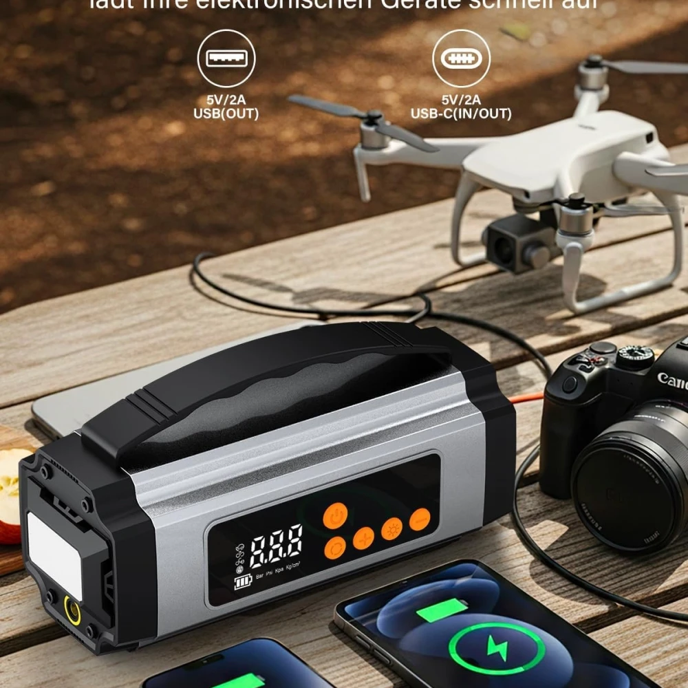 Pro Akü Takviye Şarj Cihazı 10000 Mah Akü Takviye Cihazı Akü Şarj Cihazı Lastik Şişirme Pompası 4in1 Jump Starter