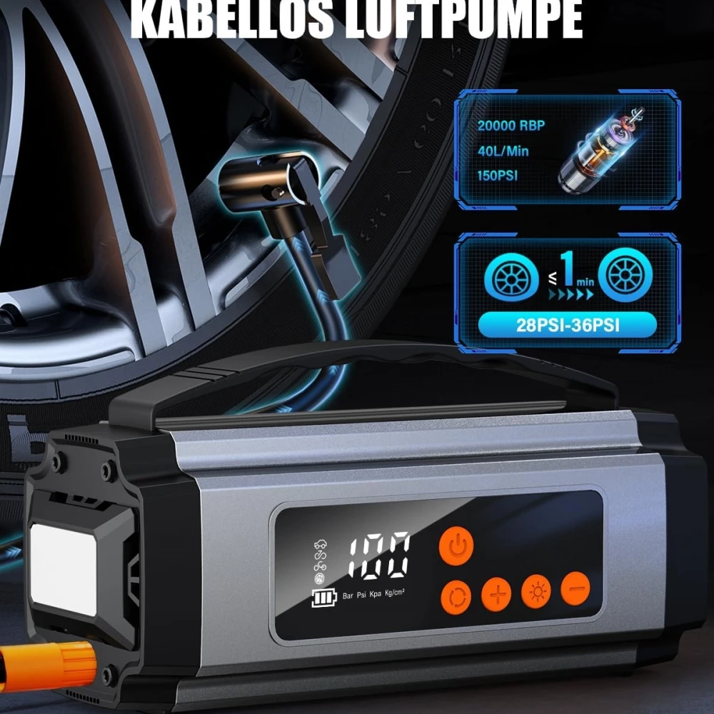 Pro Akü Takviye Şarj Cihazı 10000 Mah Akü Takviye Cihazı Akü Şarj Cihazı Lastik Şişirme Pompası 4in1 Jump Starter