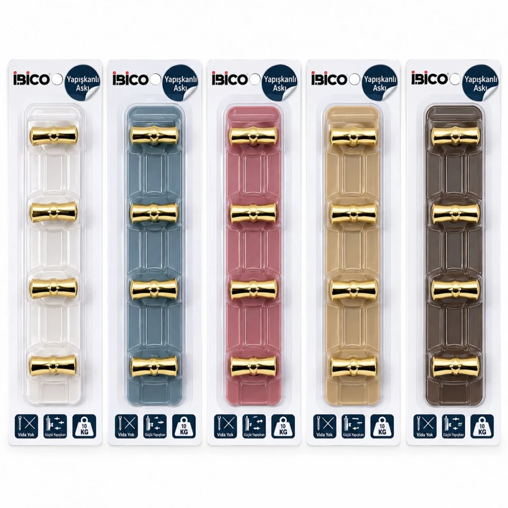 Egonex İbico İ17-013 ( 5 Kollu= Gold & ( T= Ꟶ ) Yapışkanlı Pls. Askı ( Mika Kristal Şeffaf Renkli Taban ) ( 5kg.taşıma )*12x10
