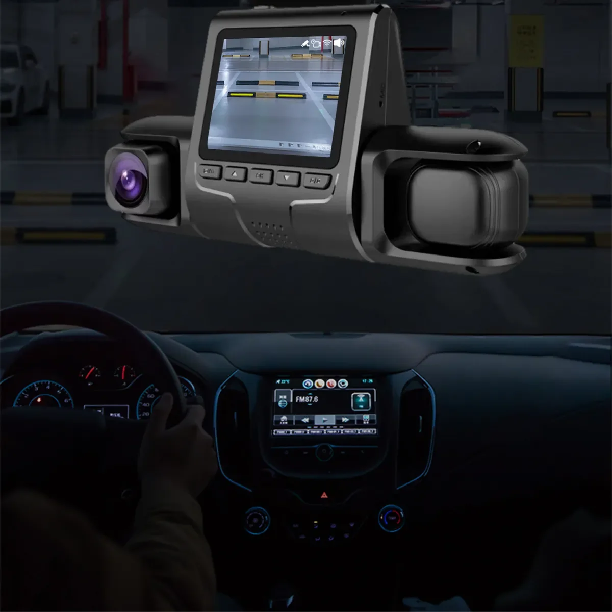 1080P Üçlü Lens Araba Dash Cam Dashcam Ön İç & Arka HD Araba DVR 120 ° Açı Döngü Kaydı Yerçekimi Sensörü