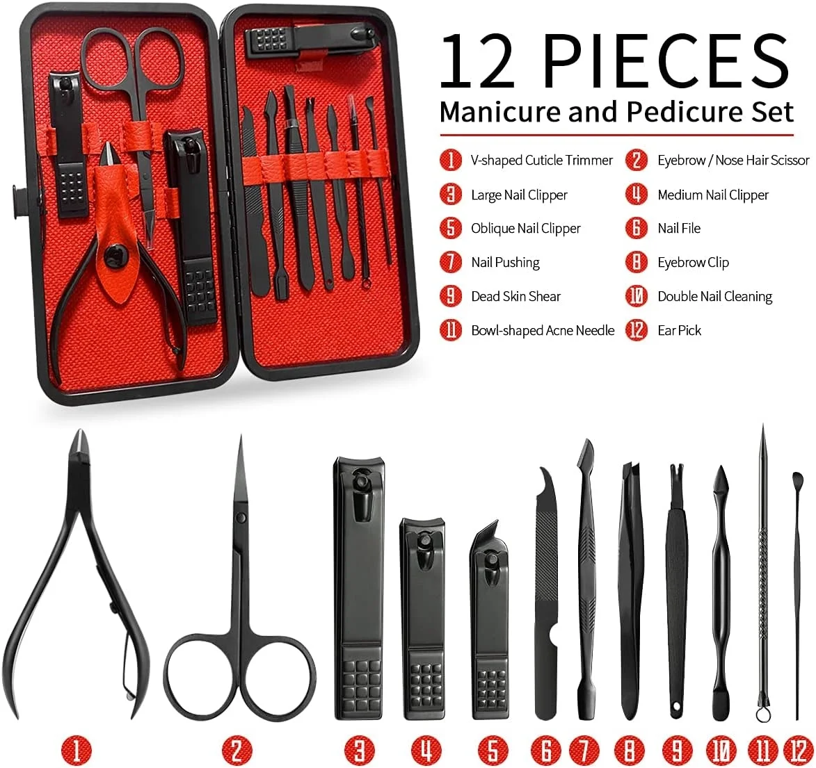 12 Parça Manikür Pedikür Seti Paslanmaz Çelik Deri Çantalı Siyah Tırnak Makası Bakım Seti