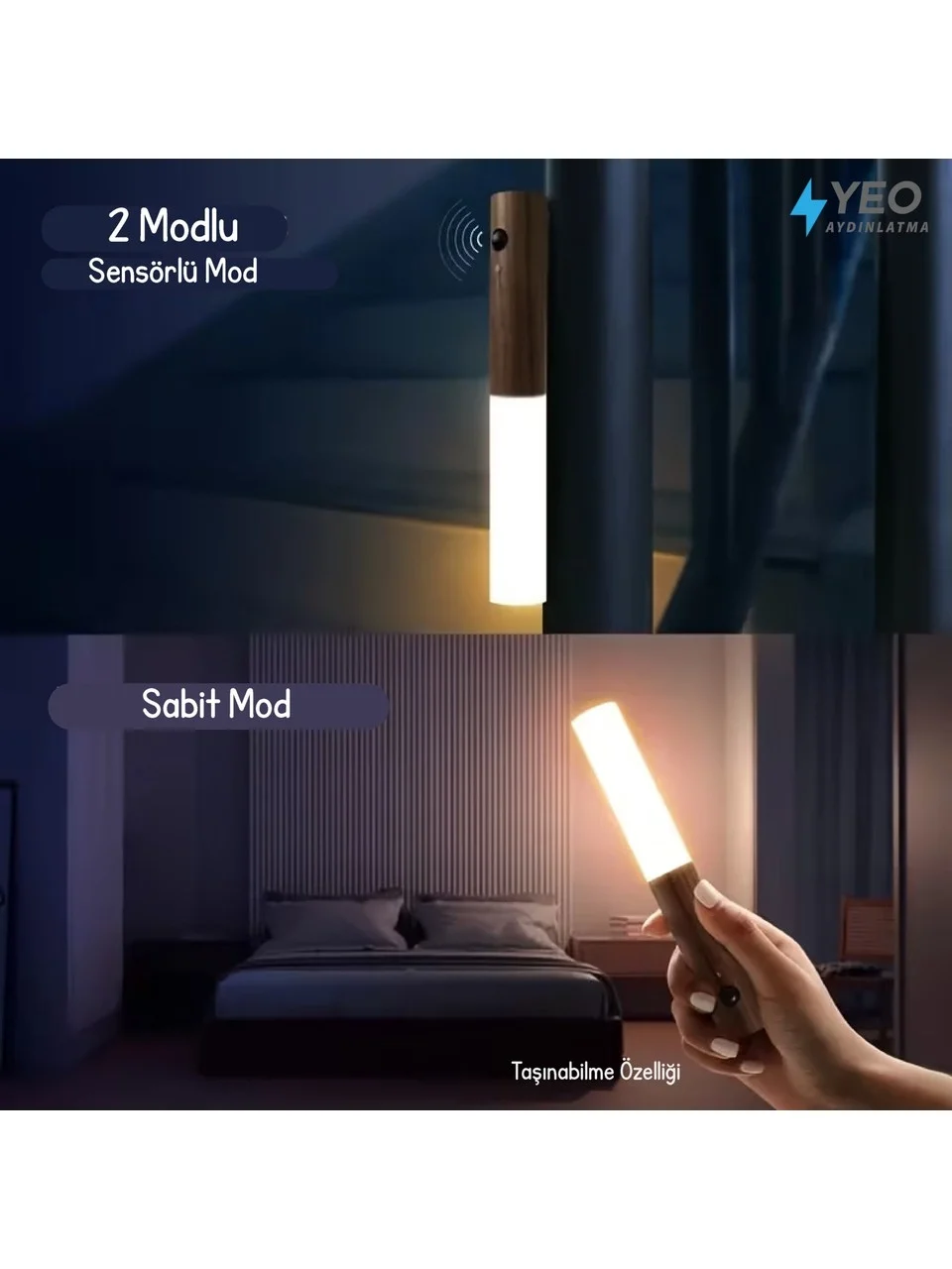 Sensörlü USB Şarjlı Mıknatıslı Taşınabilir Duvar Aplik Masa Lambası Ahşap Görünümlü Gün Işığı