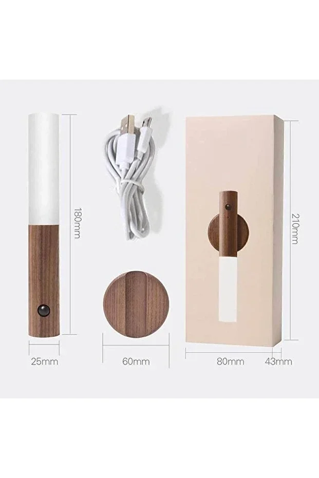 Sensörlü USB Şarjlı Mıknatıslı Taşınabilir Duvar Aplik Masa Lambası Ahşap Görünümlü Gün Işığı