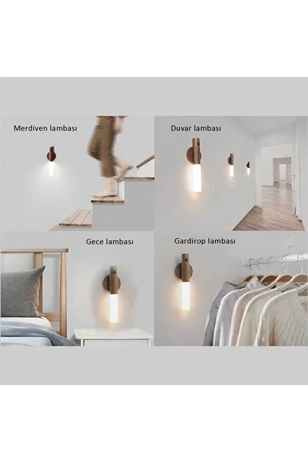 Sensörlü USB Şarjlı Mıknatıslı Taşınabilir Duvar Aplik Masa Lambası Ahşap Görünümlü Gün Işığı