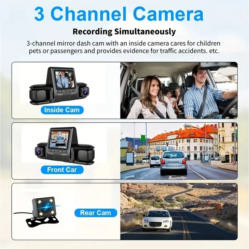 1080P Üçlü Lens Araba Dash Cam Dashcam Ön İç & Arka HD Araba DVR 120 ° Açı Döngü Kaydı