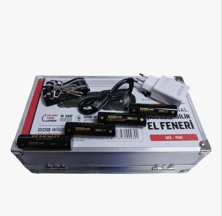 Wıson 980 Profesyonel Zoomlu El Feneri | 60w – 7000 Lümen – 13.200 Mah – Type‑c – Metal Gövde Wıson 980 Profesyonel Zoomlu El Feneri | 60w – 7000 Lümen – 13.200 Mah – Type‑c – Metal Gövde