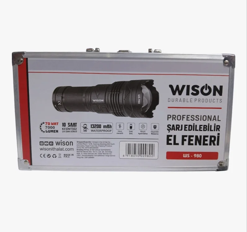 WISON 980 Profesyonel Zoomlu El Feneri | 60W – 7000 Lümen – 13.200 Mah – Type‑c – Metal Gövde