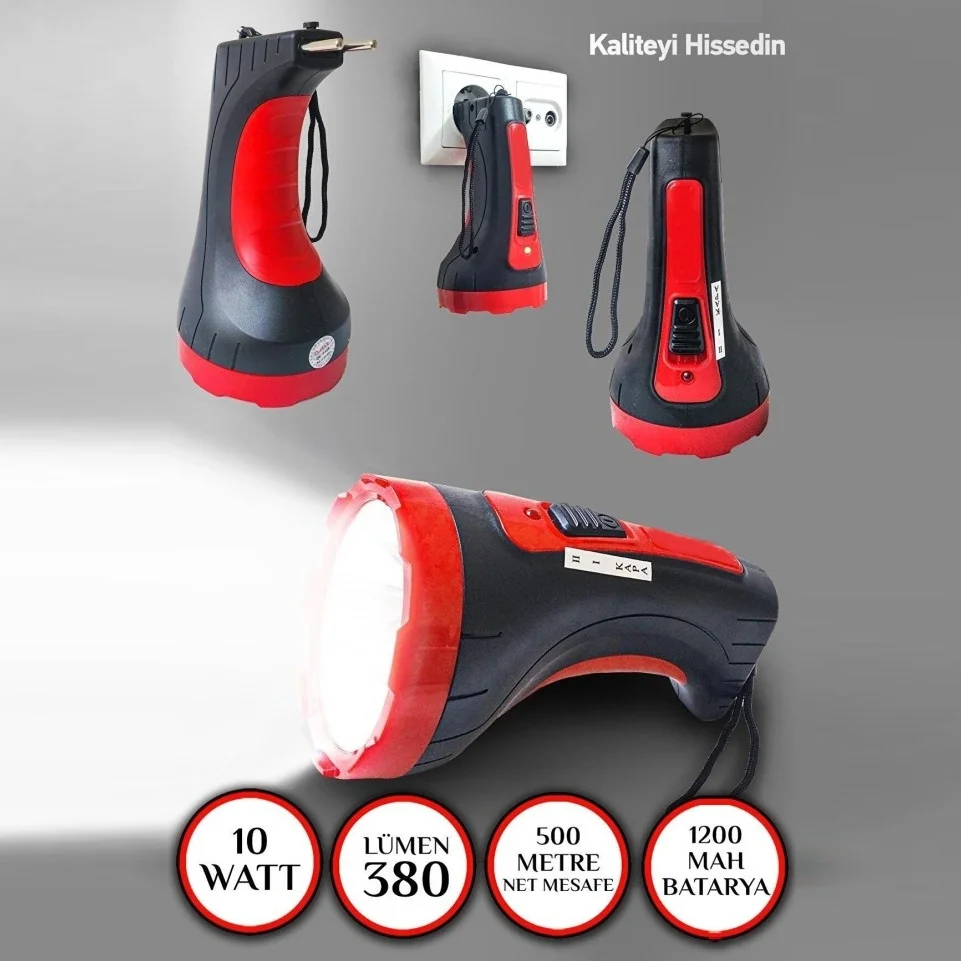 İtalyano Şarjlı 10w Projektör Led El Feneri 2 Mod Aydınlatmalı Uzun Menzil Işıldak Kambur Fener