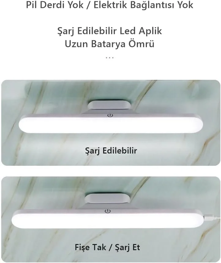 Cabınet Şarjlı Kolay Taşınabilir Mıknatıslı Led Işık Kablosuz Kademeli 3 Renk Aplik