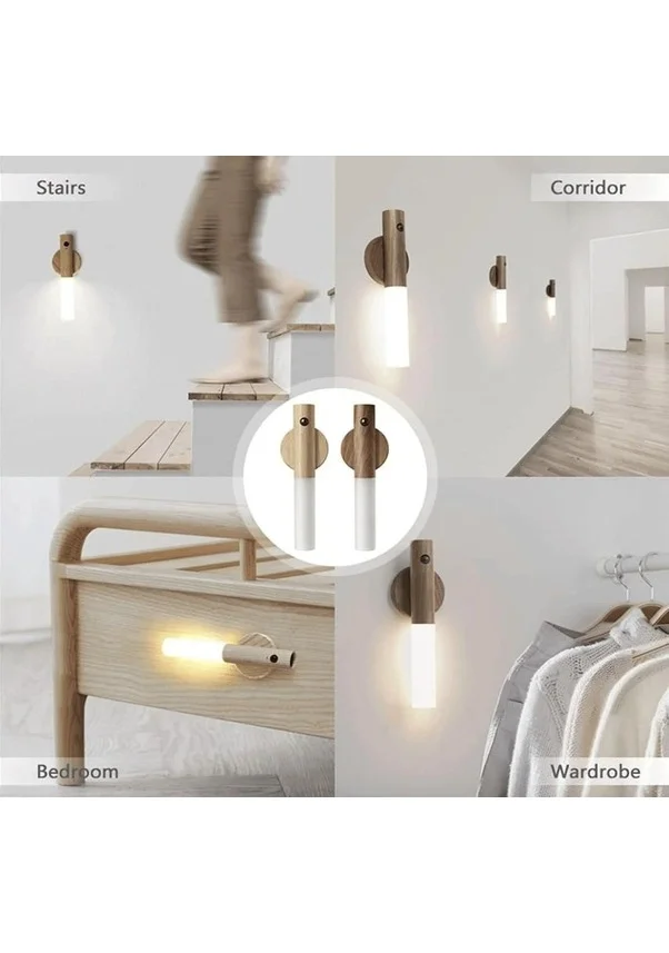 Sensörlü Usb Şarjlı Mıknatıslı Taşınabilir Duvar Aplik Masa Lambası Ahşap Görünümlü Gün Işığı