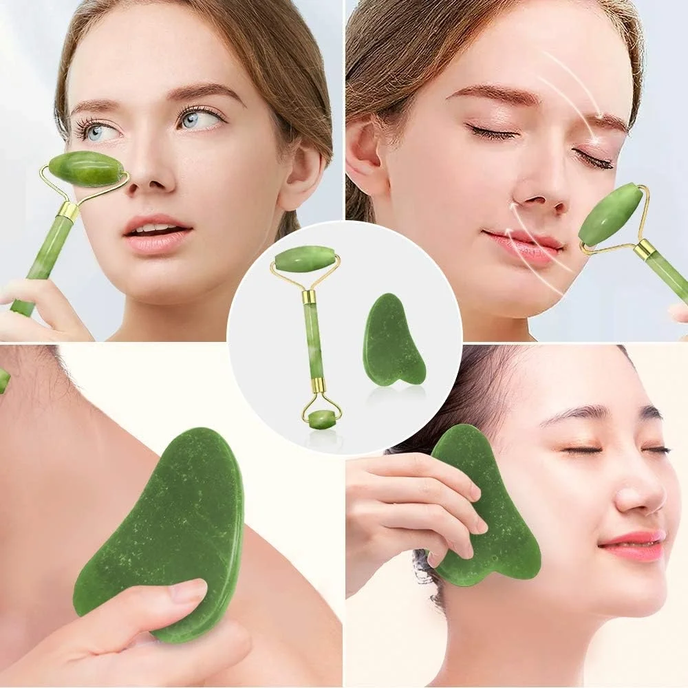 Egonex Yeşil doğal yeşim taşı yüz masaj aleti ve kalp gua sha yüz bakım taşı 2li set jade face roller