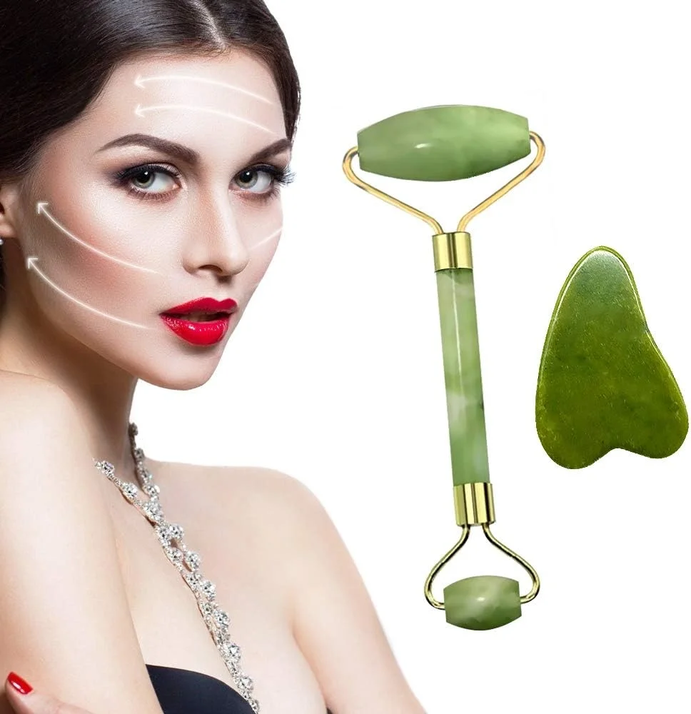 Egonex Yeşil doğal yeşim taşı yüz masaj aleti ve kalp gua sha yüz bakım taşı 2'li set jade face roller Egonex Yeşil doğal yeşim taşı yüz masaj aleti ve kalp gua sha yüz bakım taşı 2'li set jade face roller