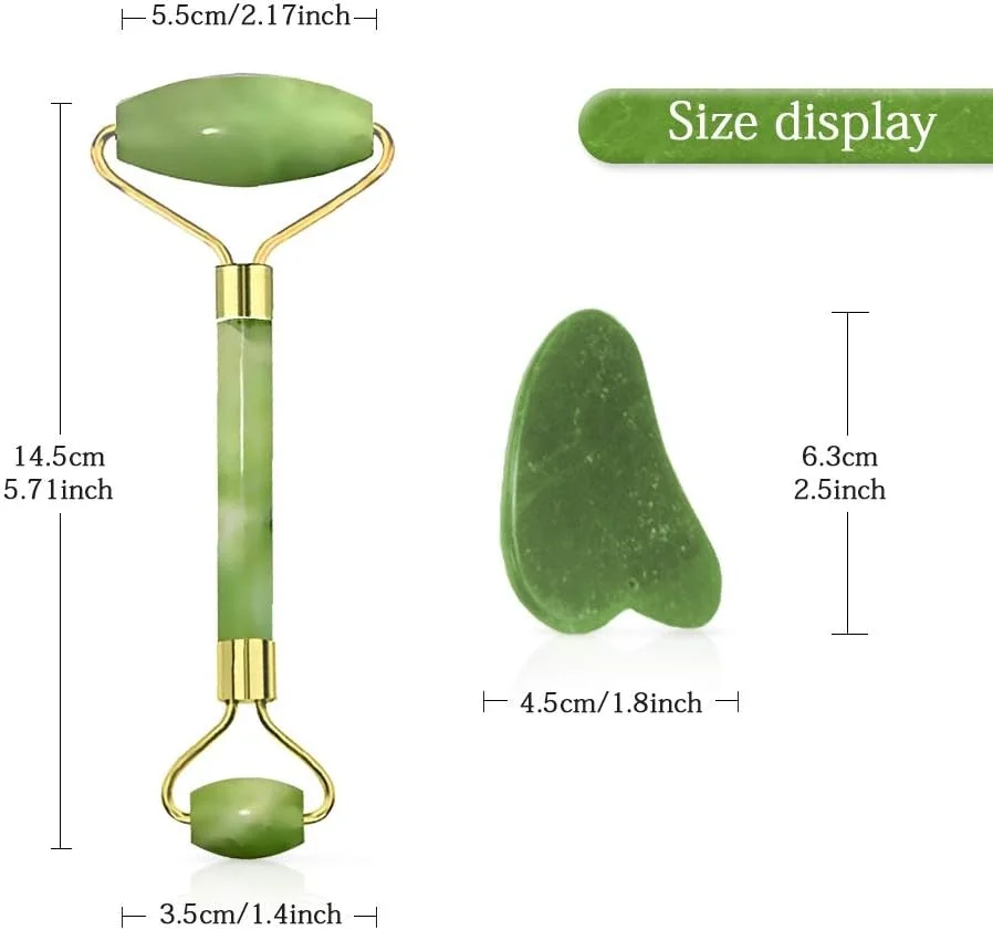 Egonex Yeşil doğal yeşim taşı yüz masaj aleti ve kalp gua sha yüz bakım taşı 2li set jade face roller