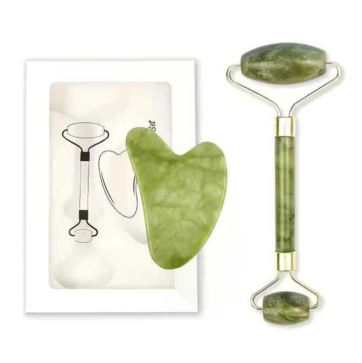 Egonex Yeşil doğal yeşim taşı yüz masaj aleti ve kalp gua sha yüz bakım taşı 2li set jade face roller