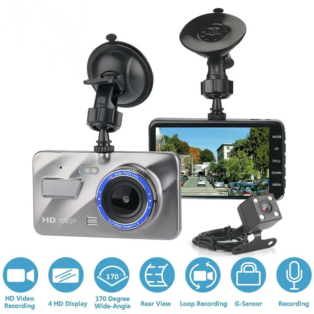 Araba DVR Dash Cam Arka Görünüm Kameralı: 4 inç HD 1080p Çift Lens Araç Video Kaydedici Akıllı G-Sensör ve 170 Dereklik Geniş Açılı