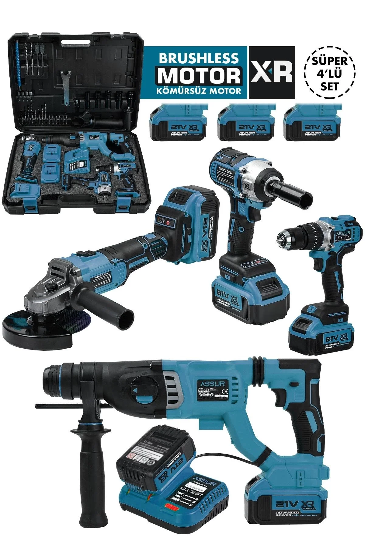 Assur Profesyonel 21V Akülü Somun Sıkma Sökme Matkap Taşlama Kırıcı Delici Hilti 4lü Set
