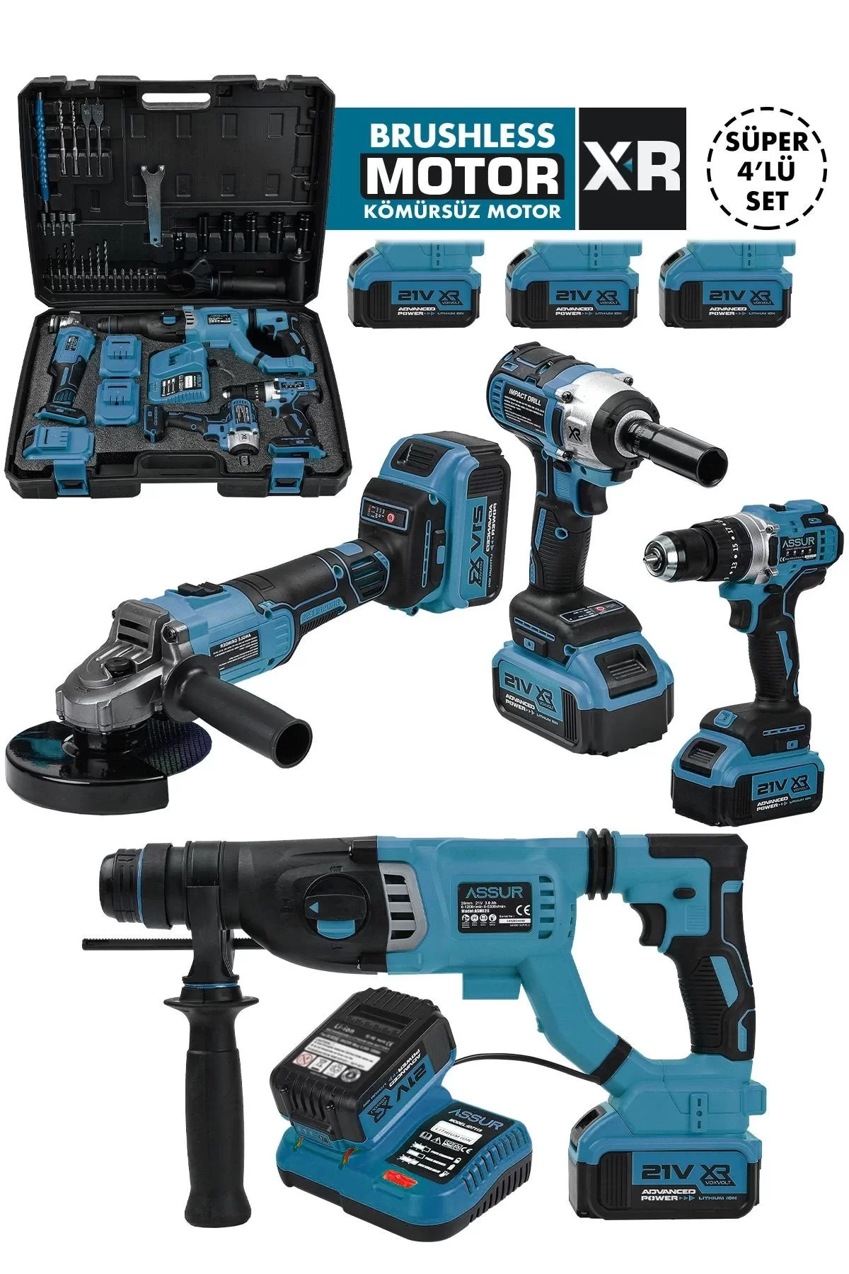 Assur Profesyonel 21V Akülü Somun Sıkma Sökme Matkap Taşlama Kırıcı Delici Hilti 4lü Set