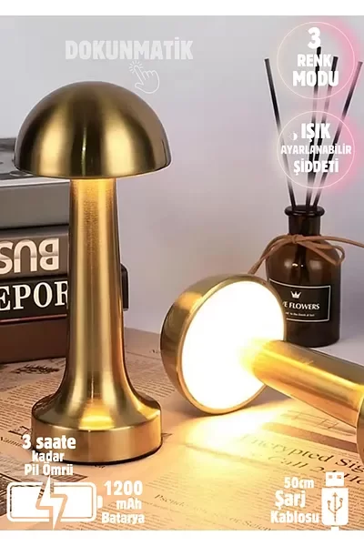 Forlife Dekoratif Şarjlı LED Mantar Masa Lambası Gold FL-8055