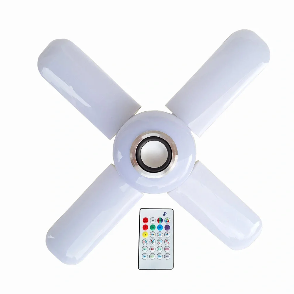 Lamba 4 Kanatlı E27 Duya Takılan Kumandalı Katlanabilir Led Müzik Lamba Işığı Avize Bluetooth Hoparlör