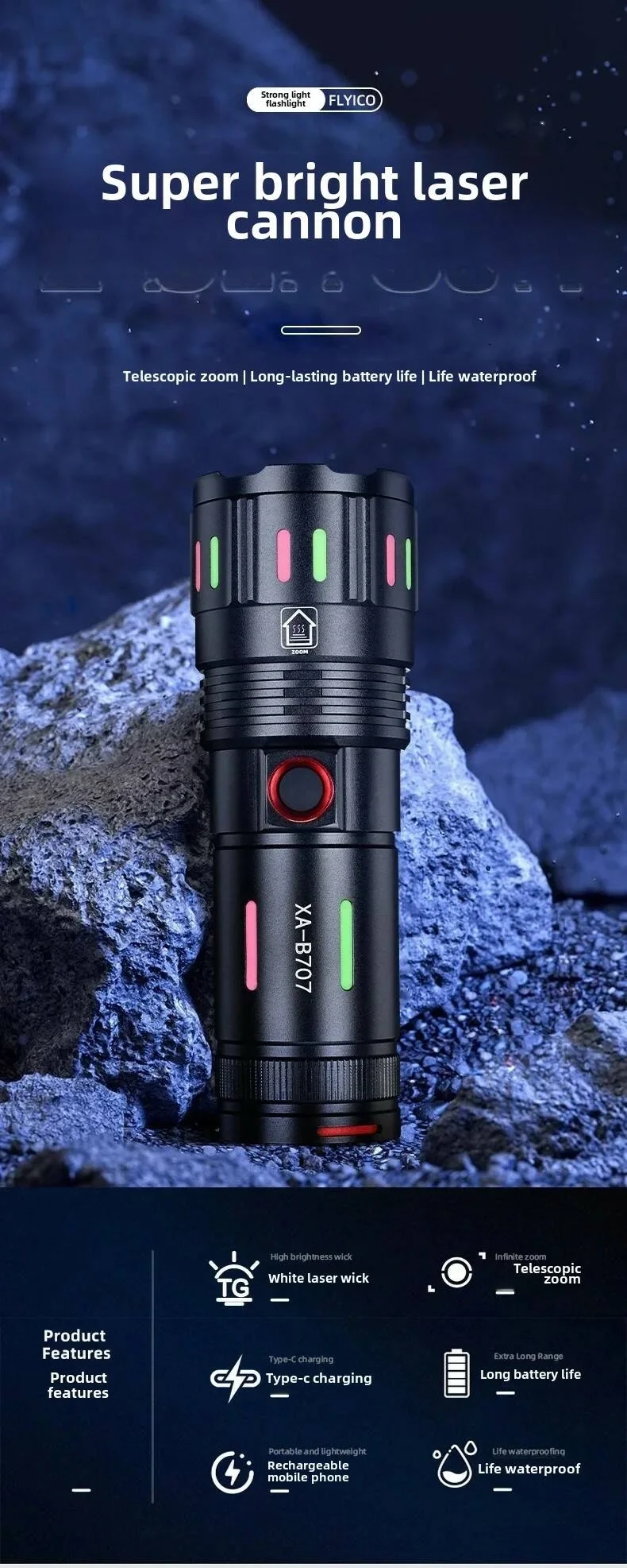 LED El Feneri 2000 Lümen USB Şarj Edilebilir Flash Işığı Yüksek Güçlü El Feneri Taktiksel Uzun Menzil El Lambası XA-B707 LED El Feneri 2000 Lümen USB Şarj Edilebilir Flash Işığı Yüksek Güçlü El Feneri Taktiksel Uzun Menzil El Lambası XA-B707