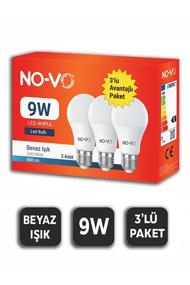 Novo 3’lü Led Ampul 9W Beyaz Işık E27