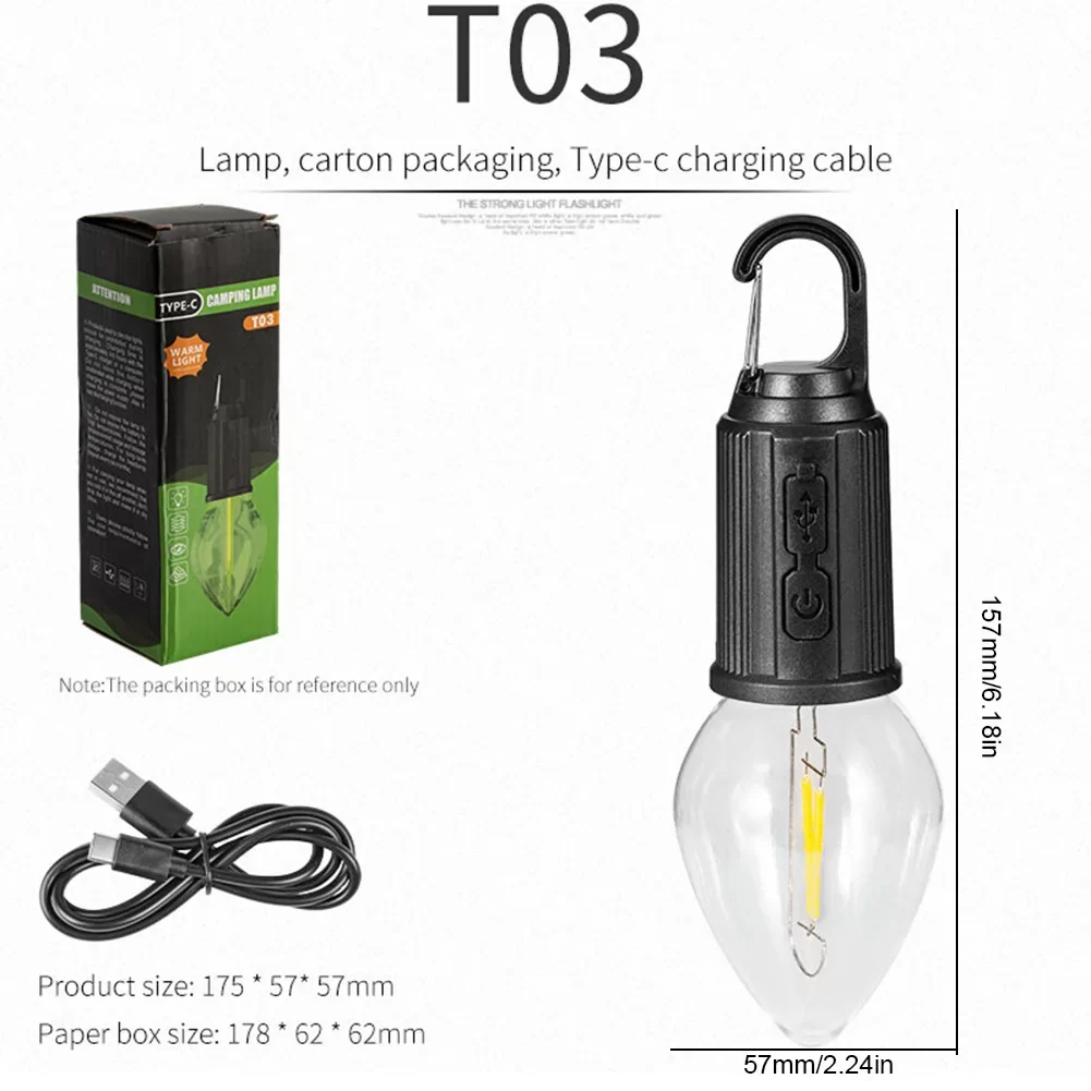 Rustik Taşınabilir Şarjlı Tasarruflu Ampul 10W Led Lamba Type-c Şarj Askılı Asma Aydınlatma T03