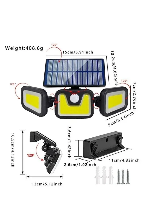 Volemi Üçlü Solar Led Projektör – Beyaz Işık – Sensörlü Dış Mekân Aydınlatma