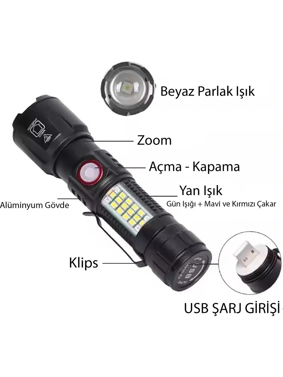 WS-2828 Ultra USB Şarjlı Polis El Feneri, Bekçi, Asker El Feneri Kırmızı Mavi Çakarlı 1000 Lümen WS-2828 Ultra USB Şarjlı Polis El Feneri, Bekçi, Asker El Feneri Kırmızı Mavi Çakarlı 1000 Lümen