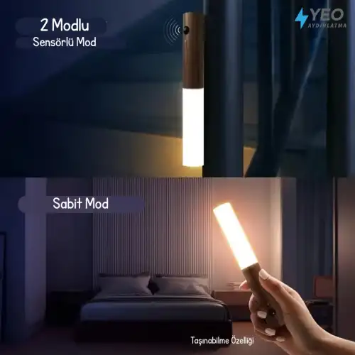 Sensörlü Usb Şarjlı Mıknatıslı Taşınabilir Duvar Aplik Masa Lambası Ahşap Görünümlü Gün Işığı