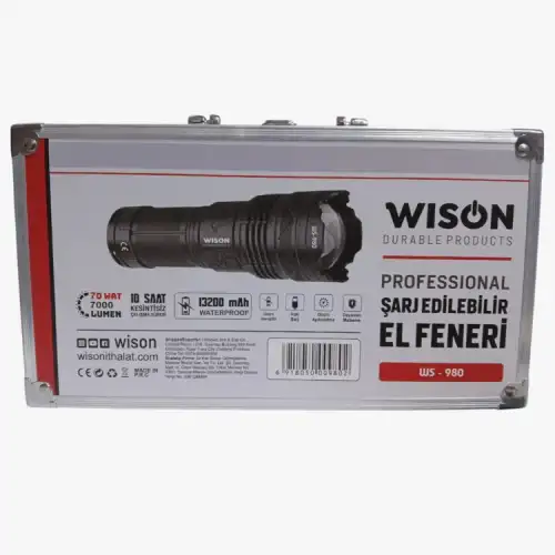 Wıson 980 Profesyonel Zoomlu El Feneri | 60w – 7000 Lümen – 13.200 Mah – Type‑c – Metal Gövde