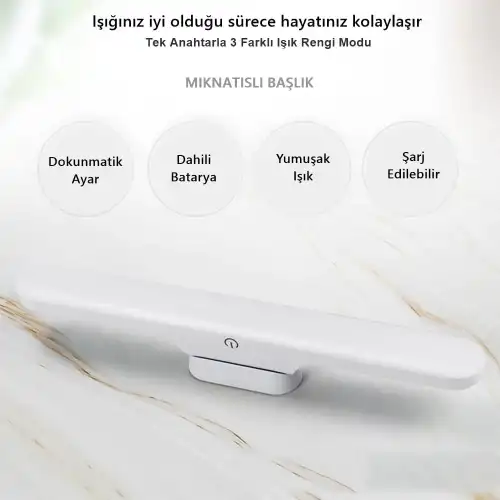 Cabınet Şarjlı Kolay Taşınabilir Mıknatıslı Led Işık Kablosuz Kademeli 3 Renk Aplik