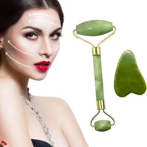 Egonex Yeşil doğal yeşim taşı yüz masaj aleti ve kalp gua sha yüz bakım taşı 2li set jade face roller