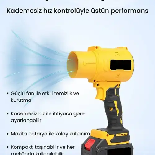 Gold Orion 21V Kablosuz Hava Üfleyici | 32.000RPM Turbo Fan, 12.000mAh Batarya, Bahçe & Araç Kurutma / Sarı