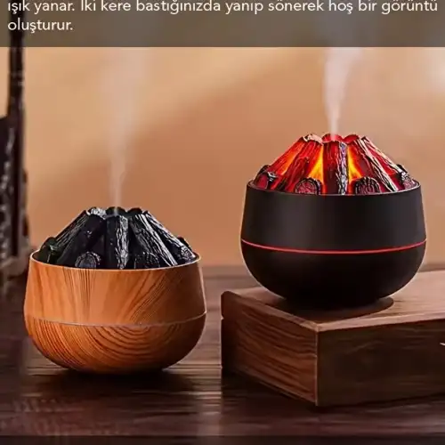 Egonex Ahşap Odun Ateşi Tasarımlı Hava Nemlendiricisi-Buhar Makinası-Aroma Difüzörü Led Işık Volkanik Alev 300ml