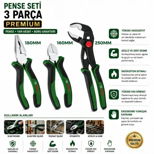 Egonex Bosch-1 600 A02 W7j ( 427 )( 3pcs ) Premıum Pense Seti ( 10 Papağan Pense & 7 Pense - 6 Yan Keski ) ( 60 ± Kesme Sertlik )*6