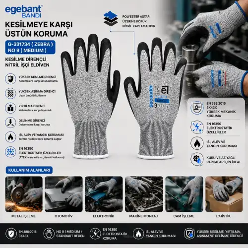 Egonex Egebant G-331734 ( Zebra ) ( No 9 ) ( Medium ) ( Kesilme Dirençli ) Nitril İşçi Eldiven ( Bandı )*10x6