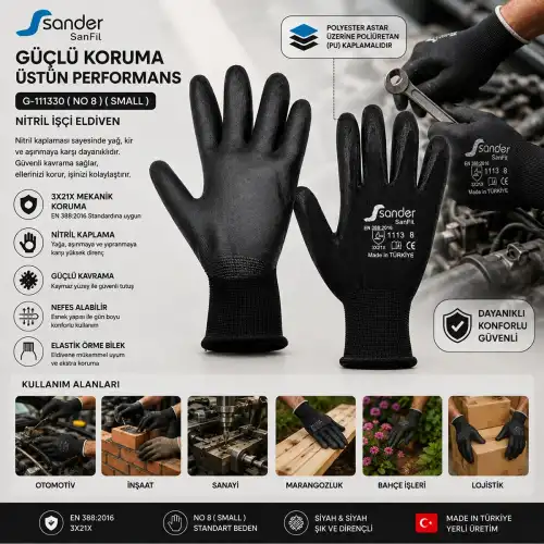 Egonex Sander G-111330 ( No 8 ) ( Small ) ( Siyah & Siyah Başlık ) Nitril İşçi Eldiven*10x10