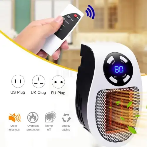 Priz Tipi Uzaktan Kumandalı Taşınabilir Isıtıcı Zamanlayıcı - Otomatik Kapanma 500w