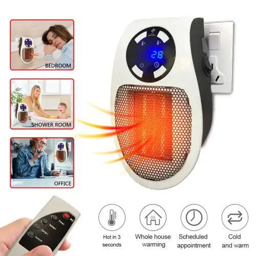Priz Tipi Uzaktan Kumandalı Taşınabilir Isıtıcı Zamanlayıcı - Otomatik Kapanma 500w