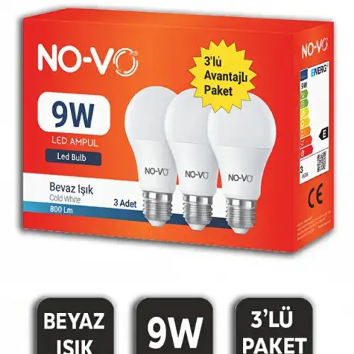 Novo 3’lü Led Ampul 9w Beyaz Işık E27