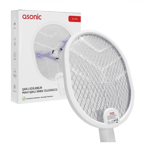 Egonex Asonic As-a26 ( Beyaz ) ( Type-c Şarjlı ) ( Raket Modeli ) Elektronik Sinek Öldürücü Cız Makine  ( Katlanabilir Sap )*48