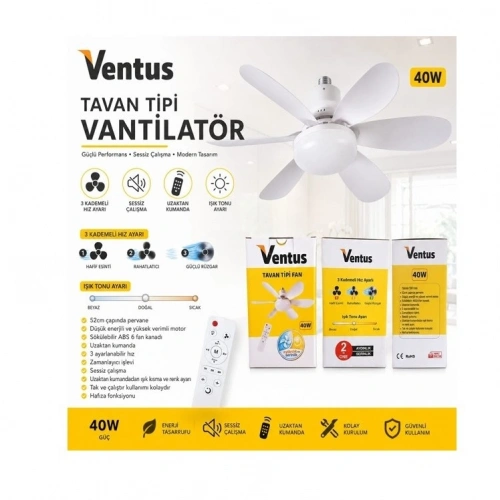Tavan Tipi Vantilatör Led 6 Kanatlı