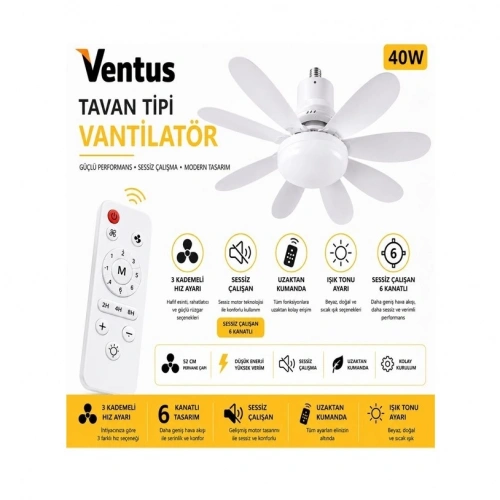Tavan Tipi Vantilatör Led 6 Kanatlı