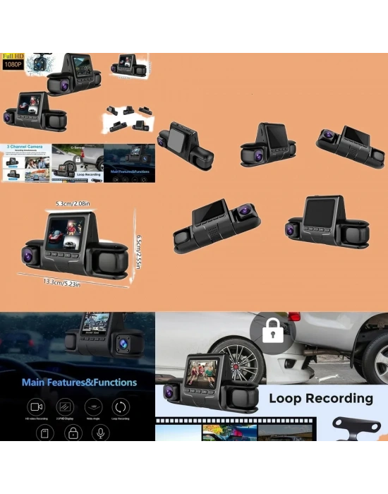 1080p Üçlü Lens Araba Dash Cam Dashcam Ön İç & Arka Hd Araba Dvr 120 ° Açı Döngü Kaydı Yerçekimi Sensörü