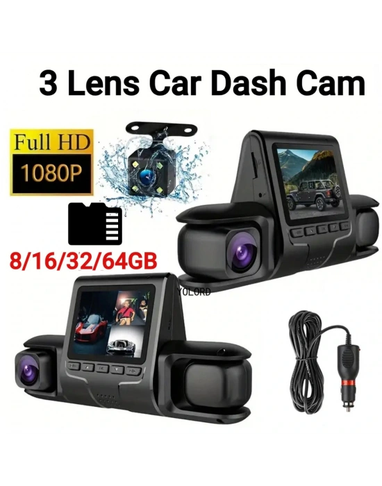 1080p Üçlü Lens Araba Dash Cam Dashcam Ön İç & Arka Hd Araba Dvr 120 ° Açı Döngü Kaydı Yerçekimi Sensörü